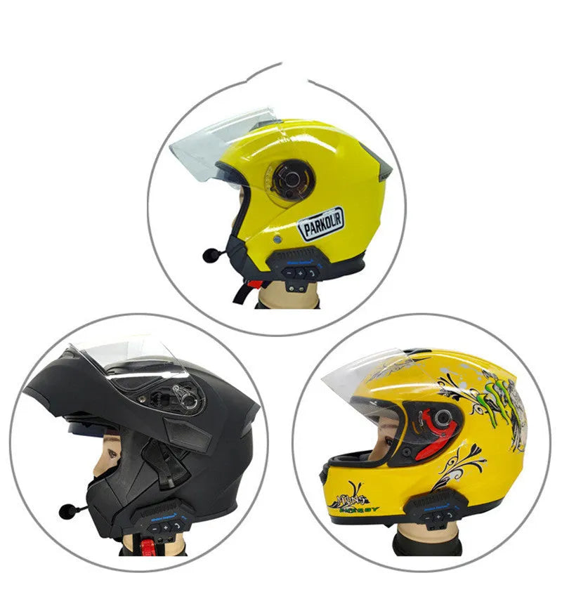 Black motorcycle helmet Bluetooth headset with built-in speakers, microphone, and micro USB connector