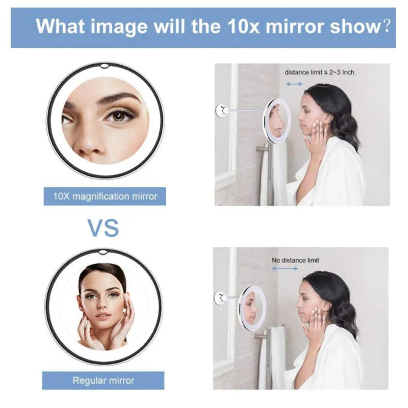 White 10x magnifying LED makeup mirror with gooseneck and suction base on a countertop