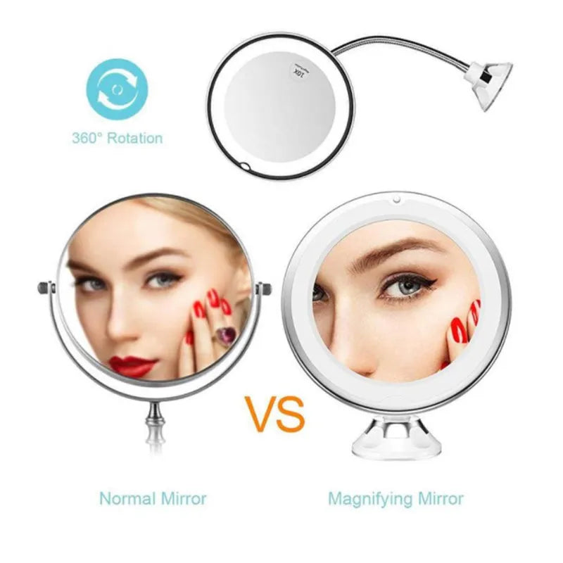 White 10x magnifying LED makeup mirror with gooseneck and suction base on a countertop