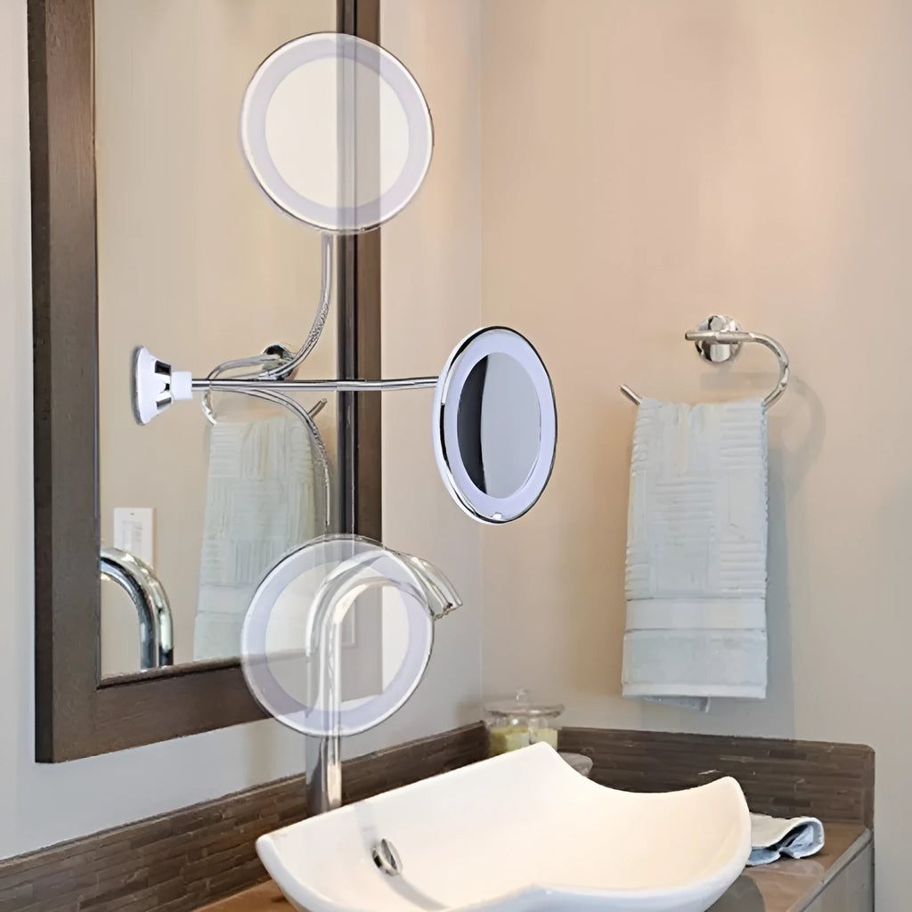 White 10x magnifying LED makeup mirror with gooseneck and suction base on a countertop