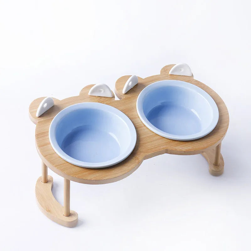 Ceramic cat bowl with bamboo rack on non-slip base, 15° tilt angle for comfortable feeding