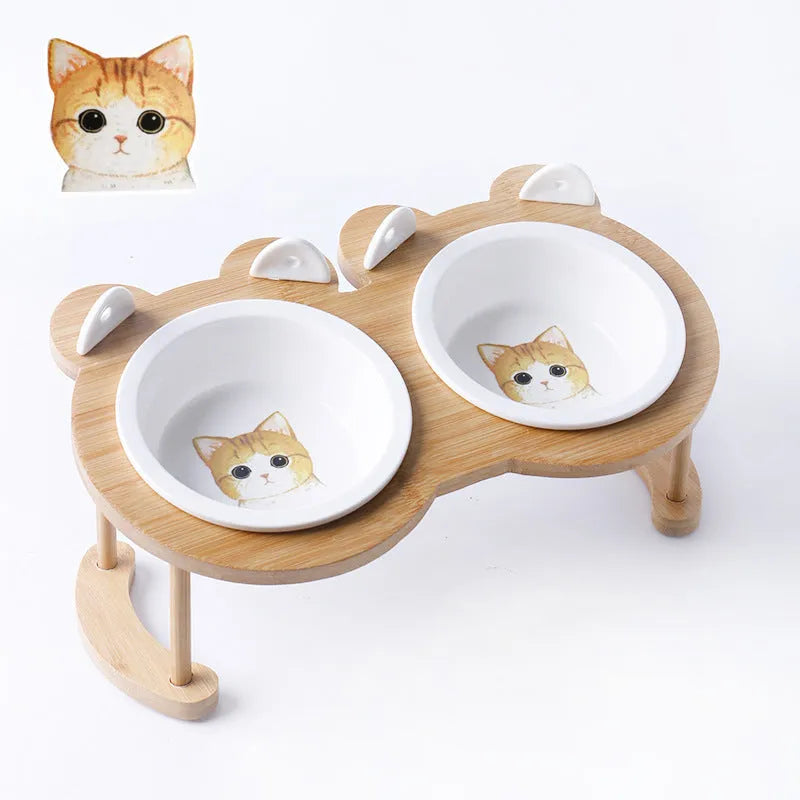 Ceramic cat bowl with bamboo rack on non-slip base, 15° tilt angle for comfortable feeding