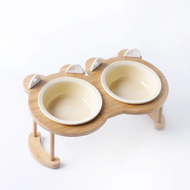 Ceramic cat bowl with bamboo rack on non-slip base, 15° tilt angle for comfortable feeding