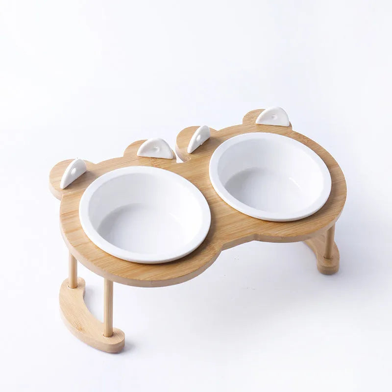 Ceramic cat bowl with bamboo rack on non-slip base, 15° tilt angle for comfortable feeding