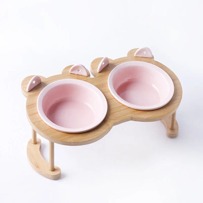 Ceramic cat bowl with bamboo rack on non-slip base, 15° tilt angle for comfortable feeding