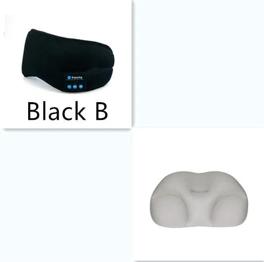 Black sleep eye mask with soft silk fabric, adjustable strap, and carry case on a light background