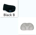 Black sleep eye mask with soft silk fabric, adjustable strap, and carry case on a light background