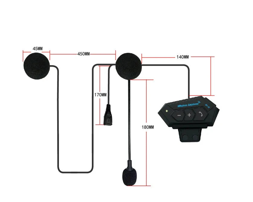 Black motorcycle helmet Bluetooth headset with built-in speakers, microphone, and micro USB connector