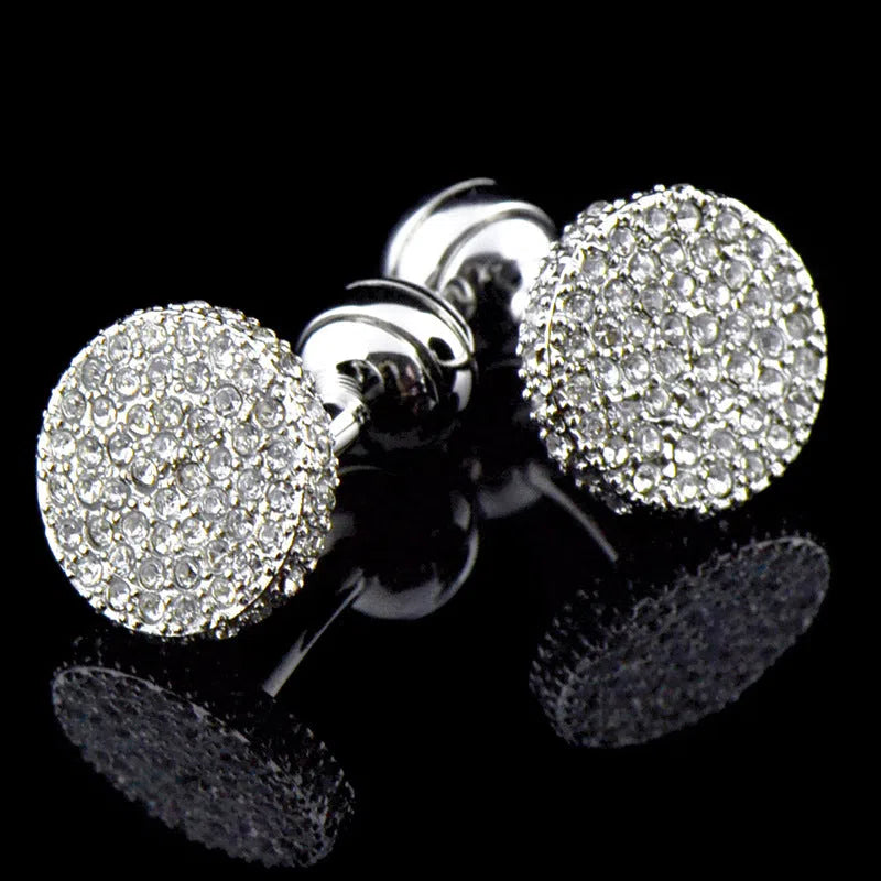 Pair of round 18mm crystal full rhinestone cufflinks with button with feet fastening on white background