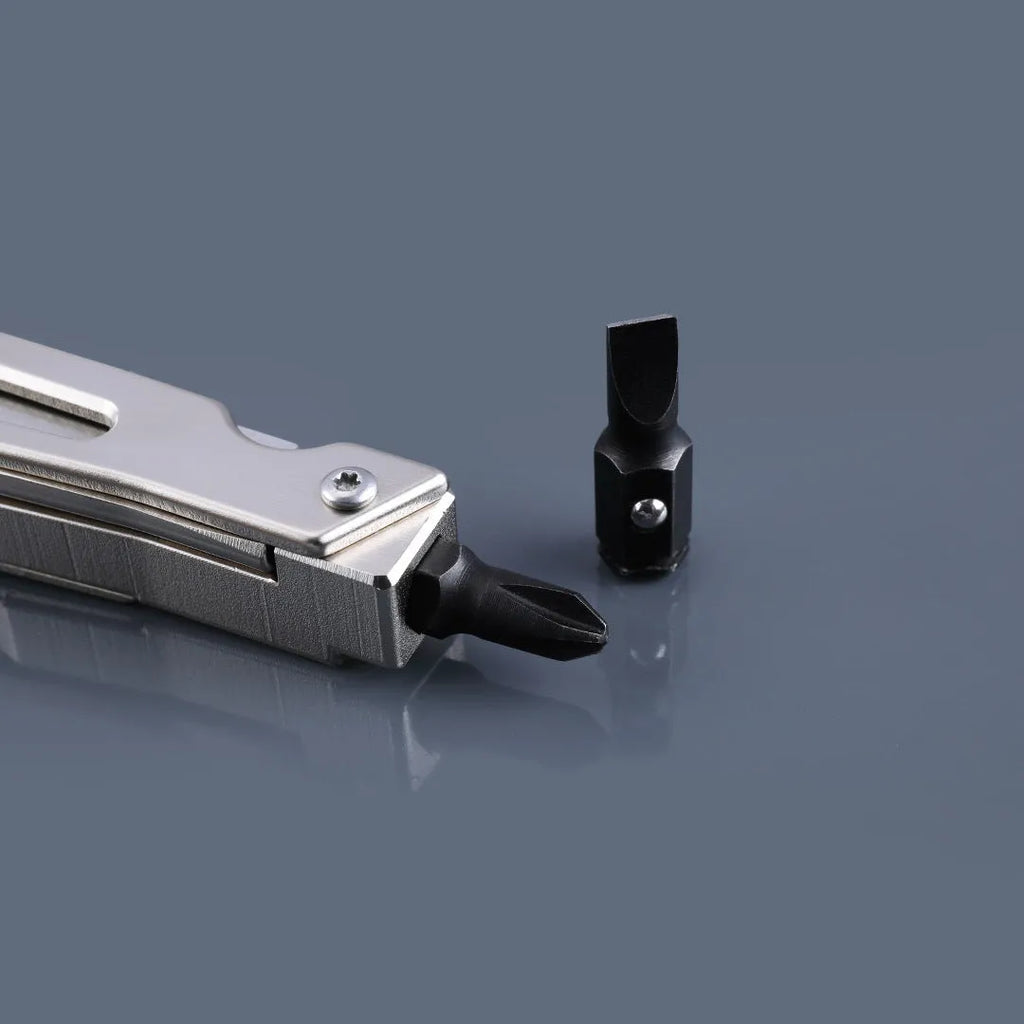 Stainless steel multi-function tool showing wrench, knife blade, and needle nose pliers components.