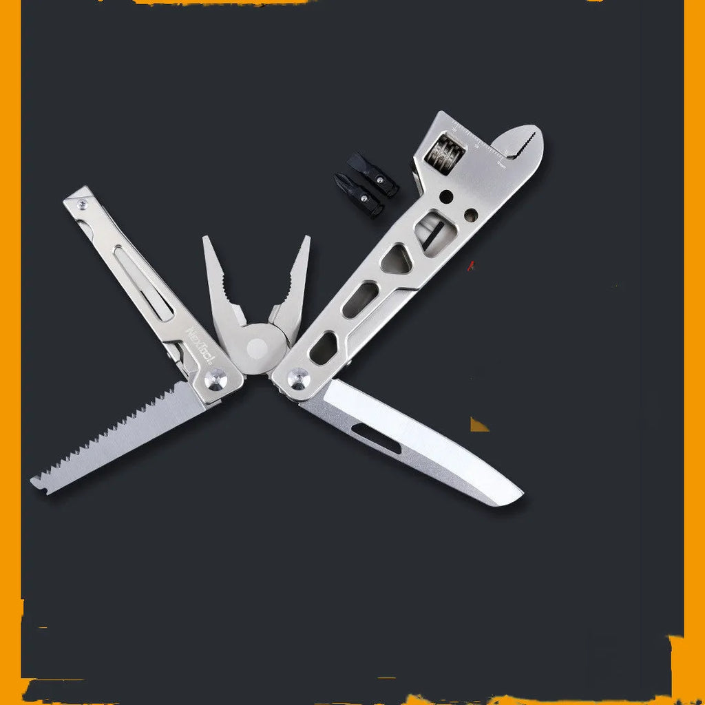 Stainless steel multi-function tool showing wrench, knife blade, and needle nose pliers components.