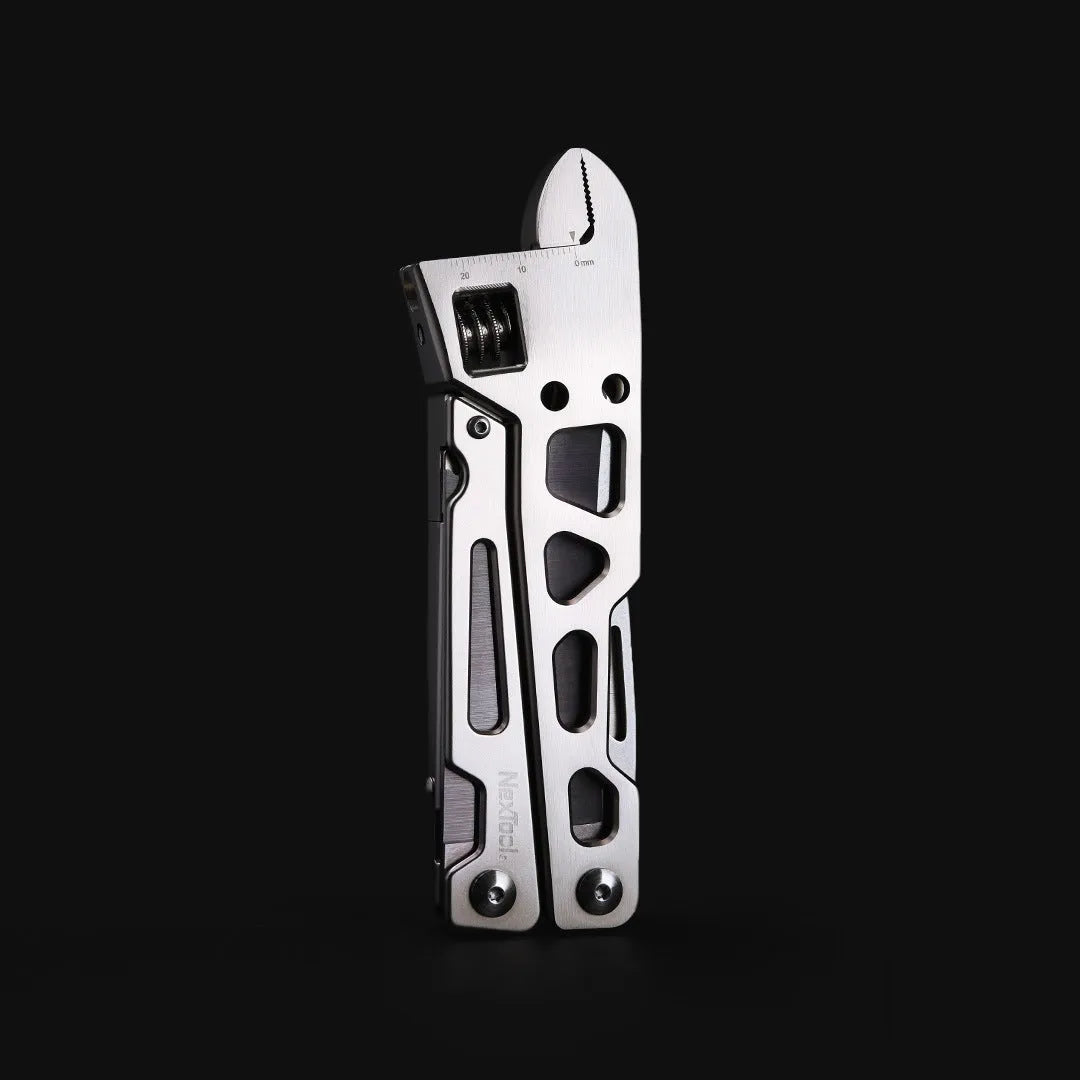 Stainless steel multi-function tool showing wrench, knife blade, and needle nose pliers components.