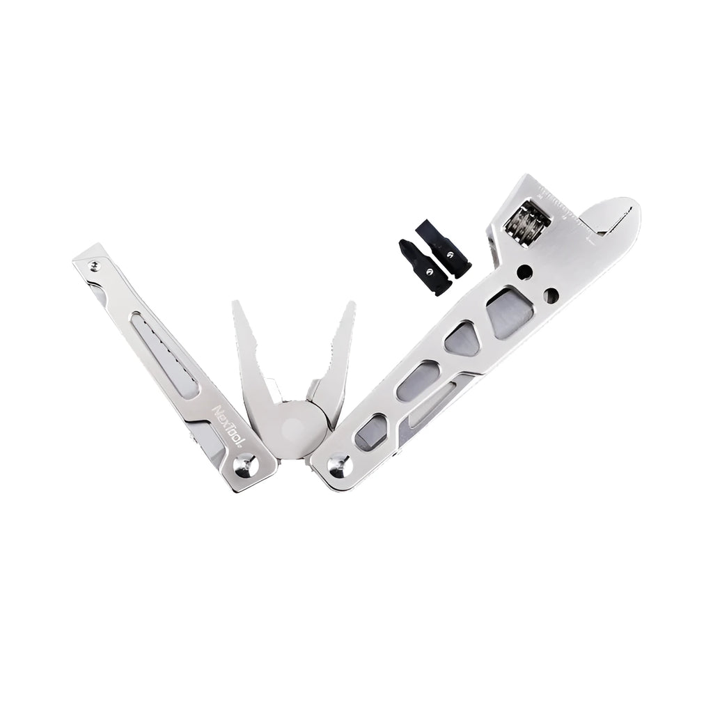 Stainless steel multi-function tool showing wrench, knife blade, and needle nose pliers components.