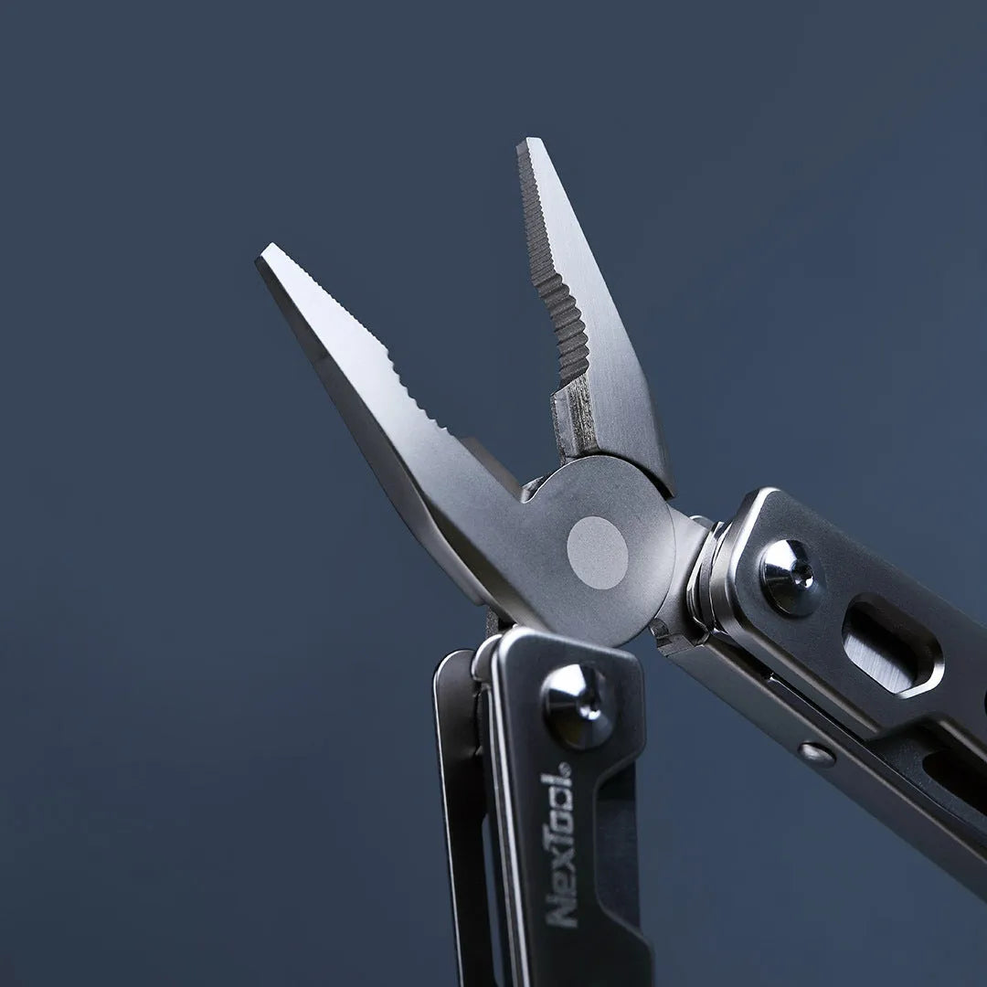 Stainless steel multi-function tool showing wrench, knife blade, and needle nose pliers components.