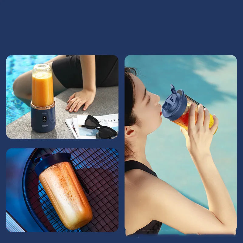 Portable blender juicer cup in Tunisian dark blue with USB cable, measuring 30cm tall