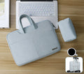 Blue waterproof PU leather laptop sleeve with zipper open, showing internal shock-resistant liner and organisational pockets.