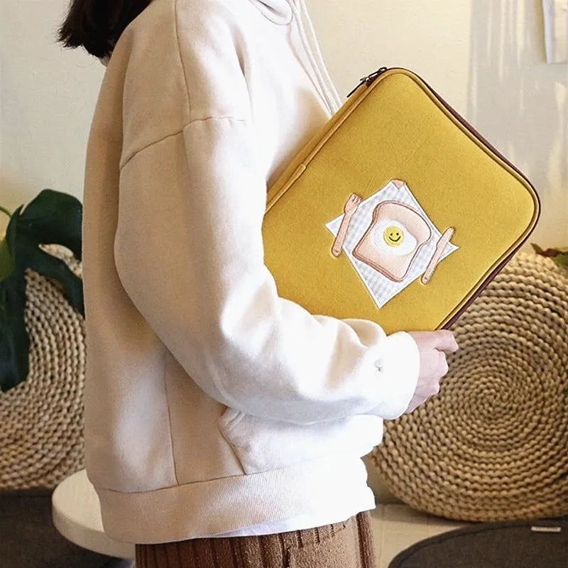 Yellow polyester laptop liner sleeve bag for 11 inch and 13 inch tablets, showing zipper pocket.