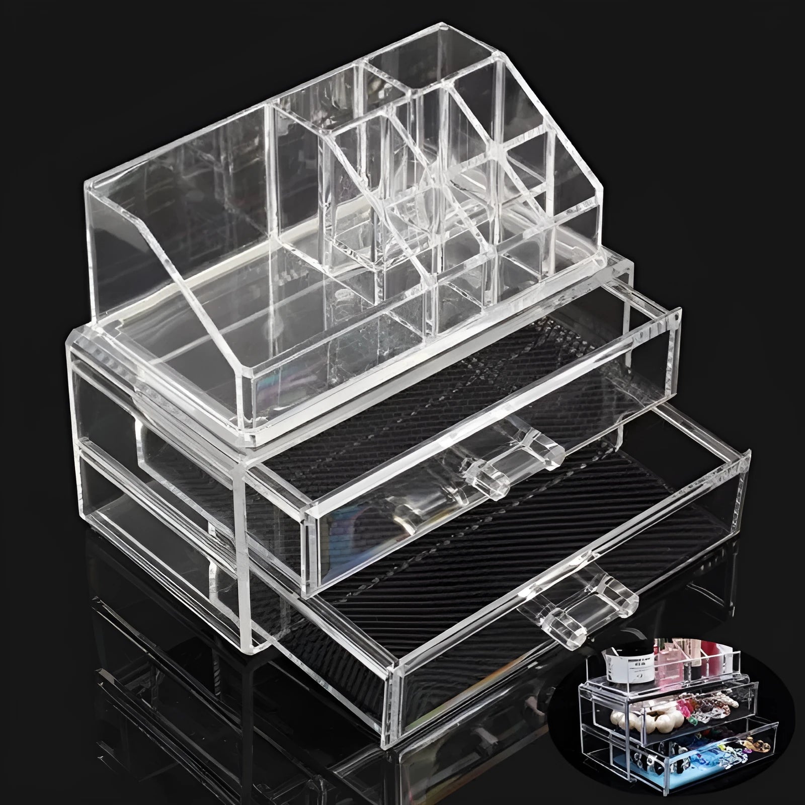 Clear foldable acrylic storage box organiser with transparent sides showing 18 litre capacity.