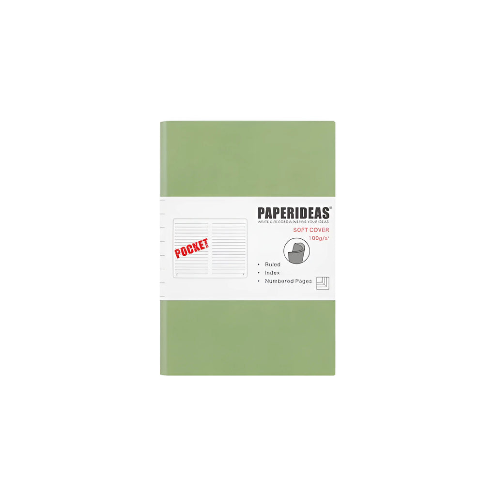 A6 soft imitation leather notebook with acid-free paper, black colour, blank pages, lying open on a desk