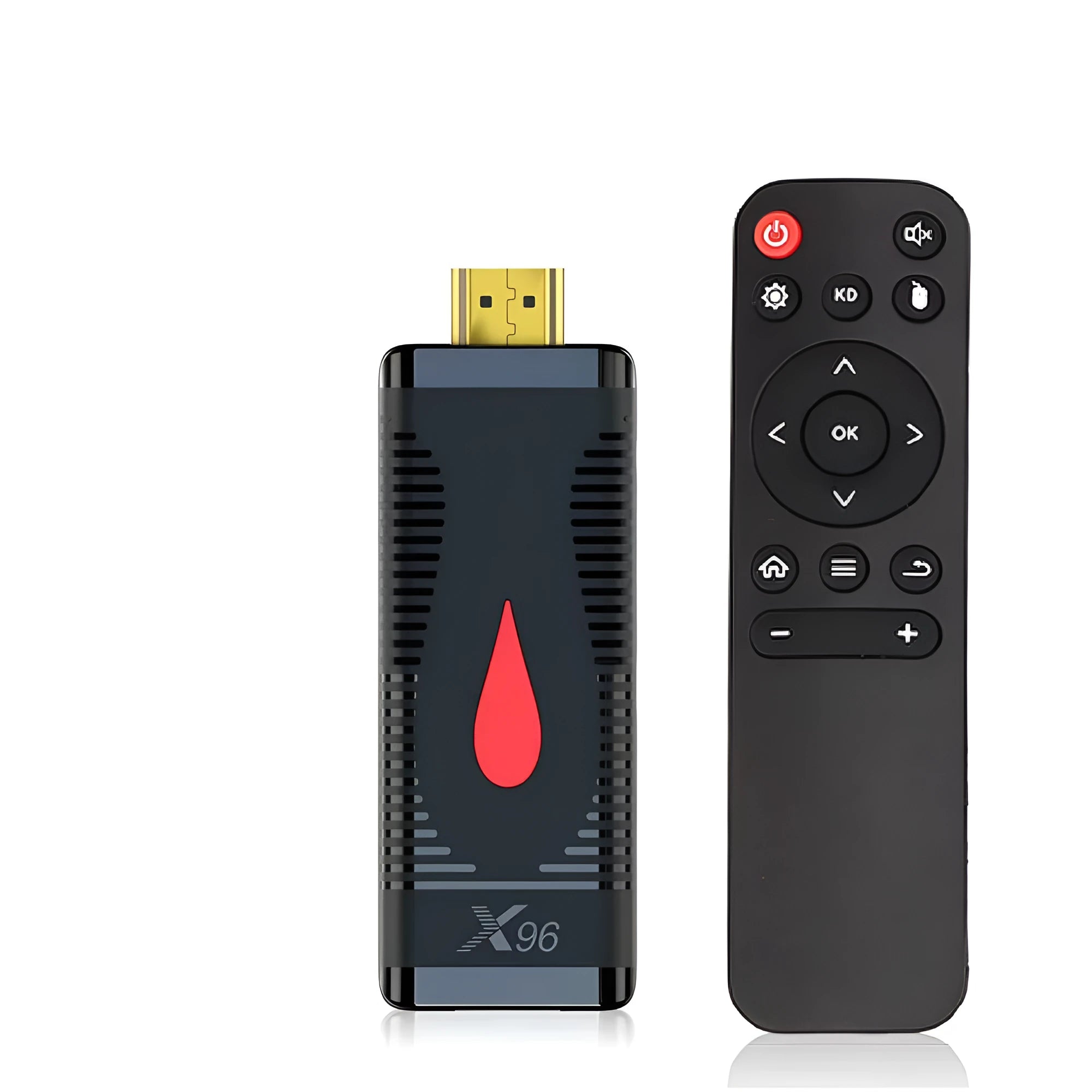 Compact black smart TV set-top box dongle with remote control, HDMI cable, and power adapter on a wooden table.