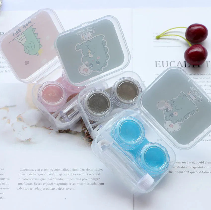 Cosmetic contact lens partner care box set with double box, tweezers, wearing stick, and small bottle in multicolour mix