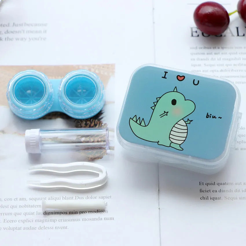 Cosmetic contact lens partner care box set with double box, tweezers, wearing stick, and small bottle in multicolour mix