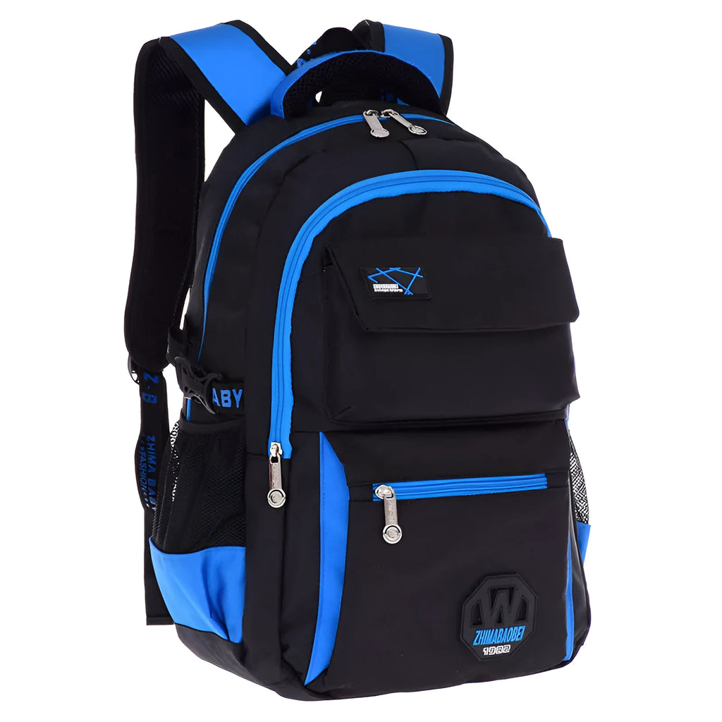 Multi-colour nylon school backpack for primary and middle school students with side mesh pockets.
