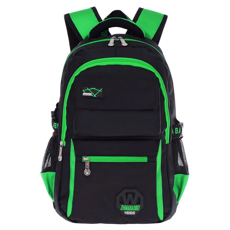 Multi-colour nylon school backpack for primary and middle school students with side mesh pockets.