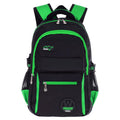 Multi-colour nylon school backpack for primary and middle school students with side mesh pockets.