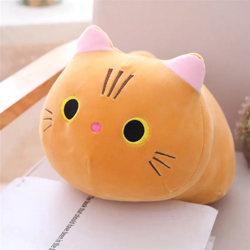 Soft grey fat cat plush doll filled with down cotton on a white background.
