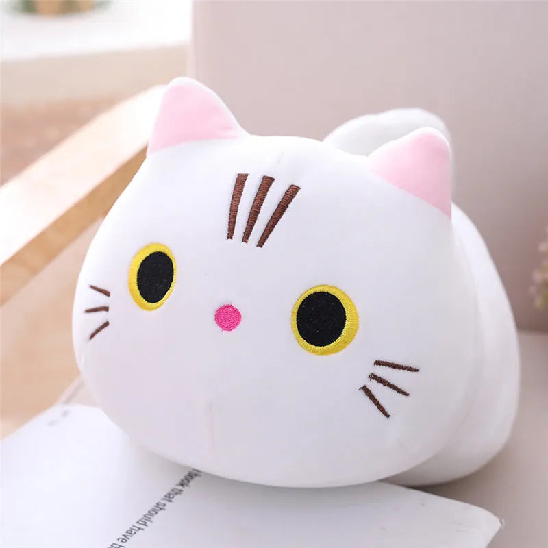 Soft grey fat cat plush doll filled with down cotton on a white background.