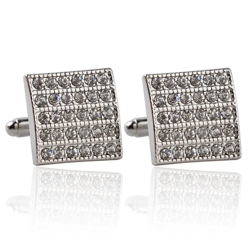 Square white alloy cufflinks with diamond treatment and geometric modelling for French cuff shirts