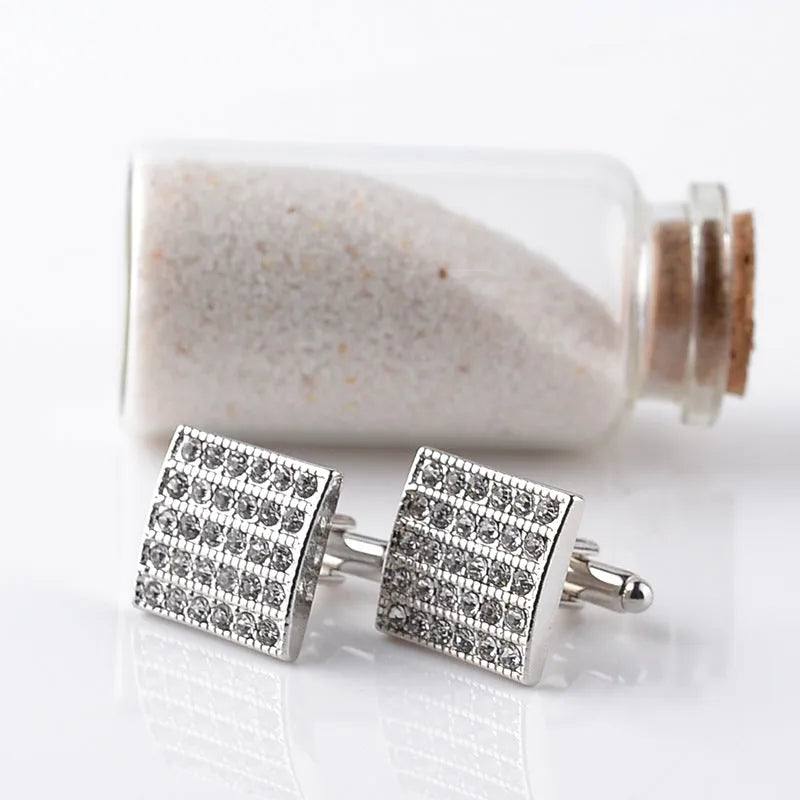 Square white alloy cufflinks with diamond treatment and geometric modelling for French cuff shirts