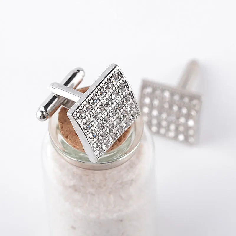 Square white alloy cufflinks with diamond treatment and geometric modelling for French cuff shirts
