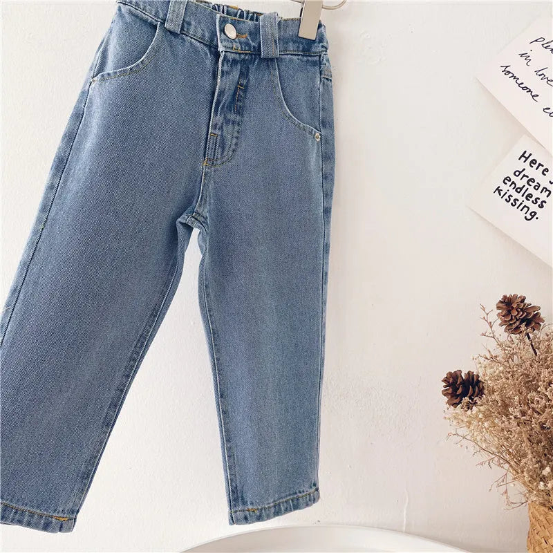 Light blue Korean-style denim children's trousers with elastic waistband for boys and girls
