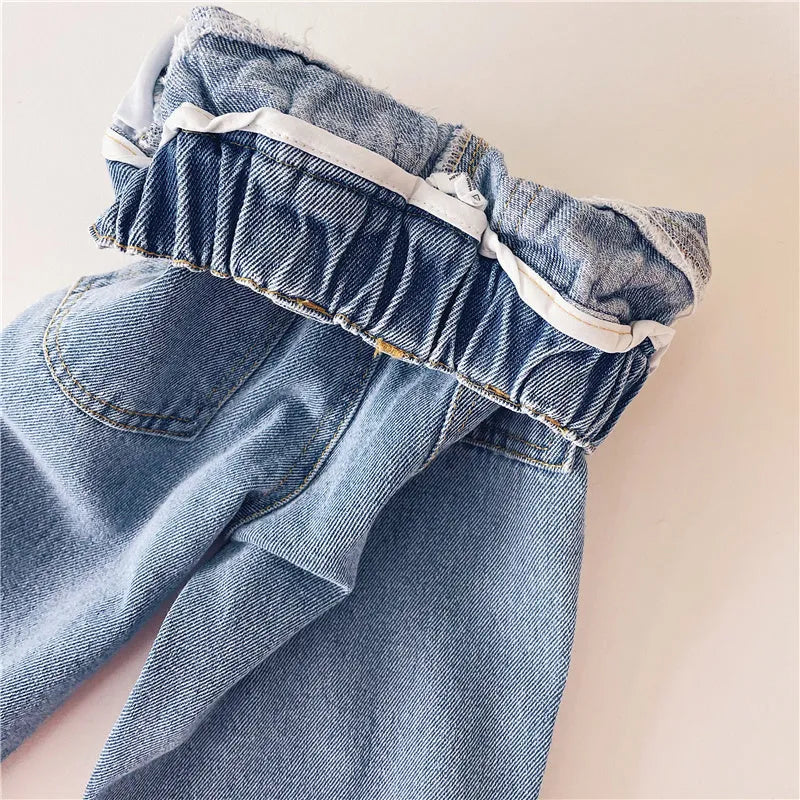 Light blue Korean-style denim children's trousers with elastic waistband for boys and girls