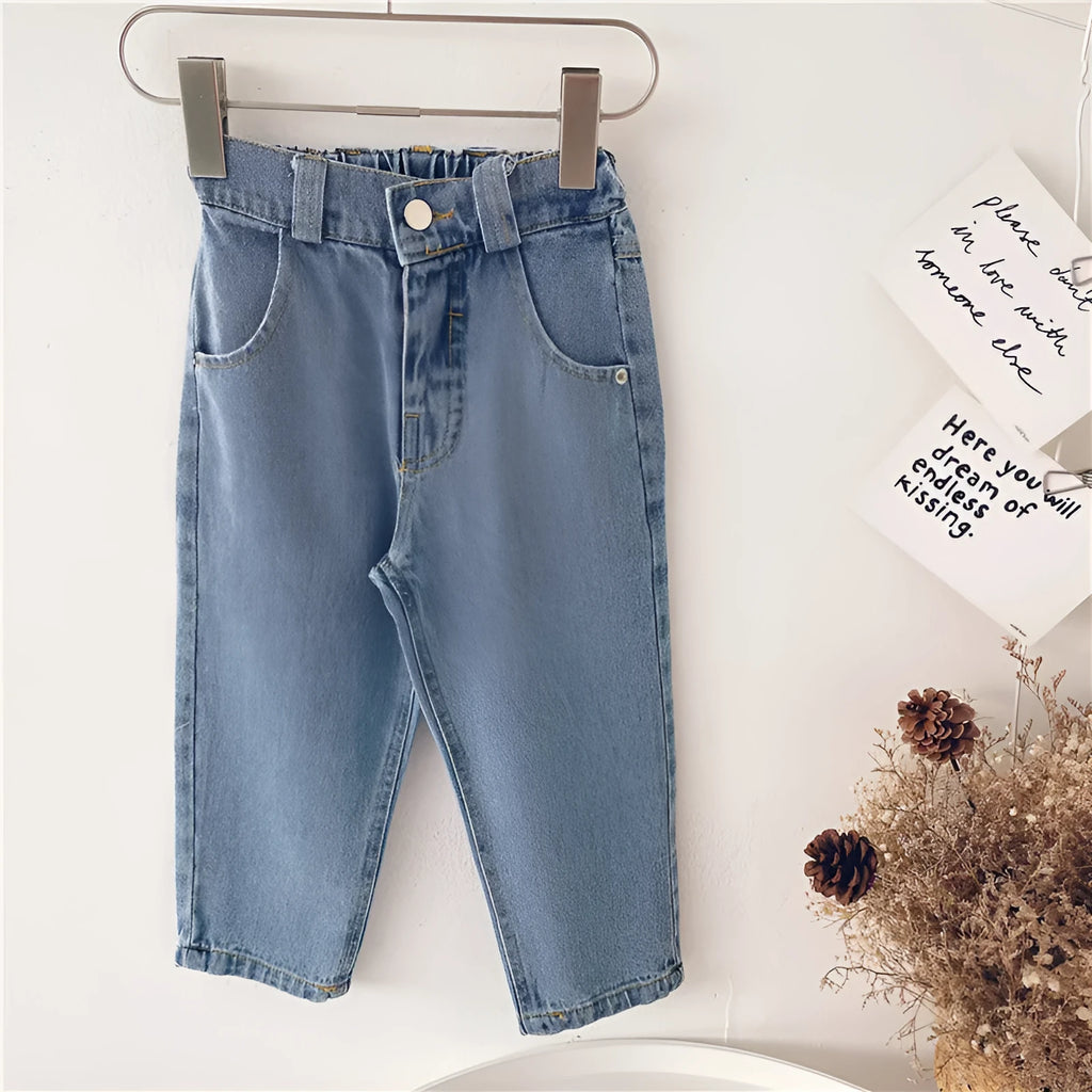 Light blue Korean-style denim children's trousers with elastic waistband for boys and girls