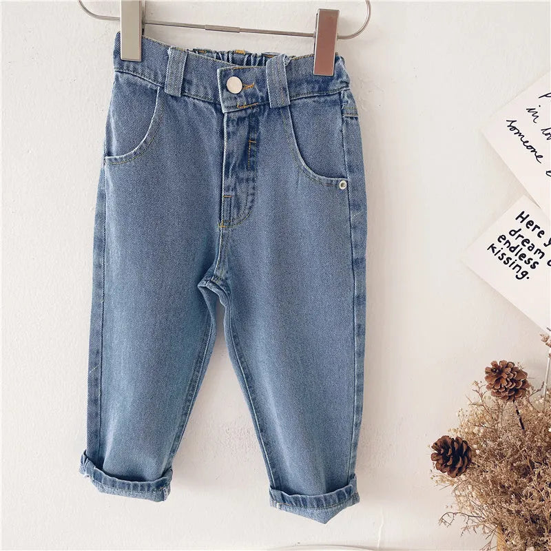 Light blue Korean-style denim children's trousers with elastic waistband for boys and girls