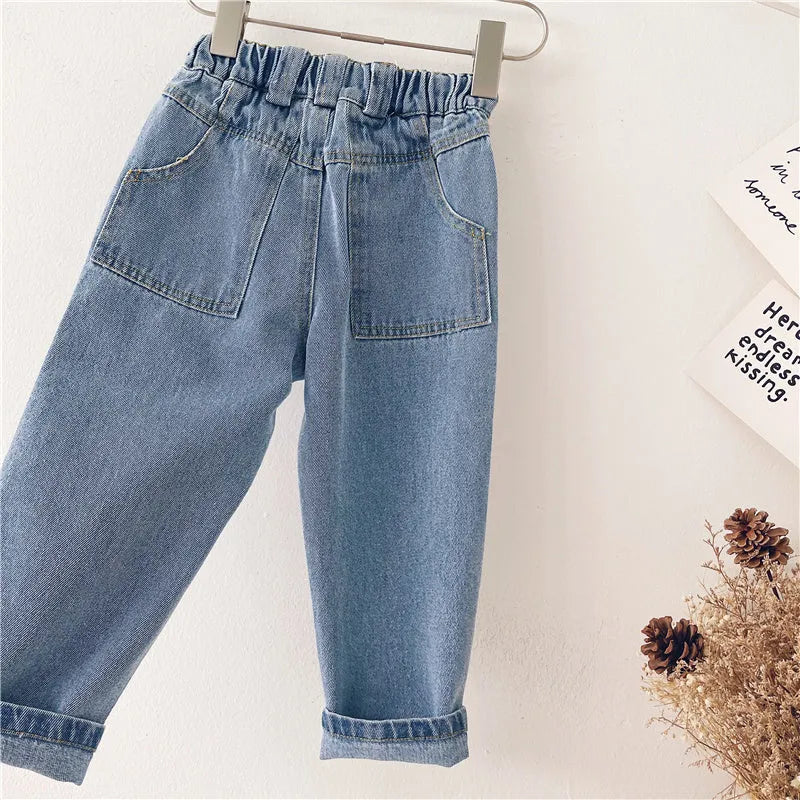 Light blue Korean-style denim children's trousers with elastic waistband for boys and girls