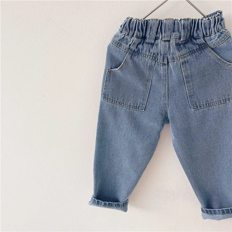 Light blue Korean-style denim children's trousers with elastic waistband for boys and girls