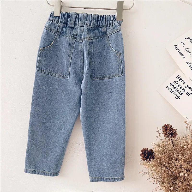 Light blue Korean-style denim children's trousers with elastic waistband for boys and girls