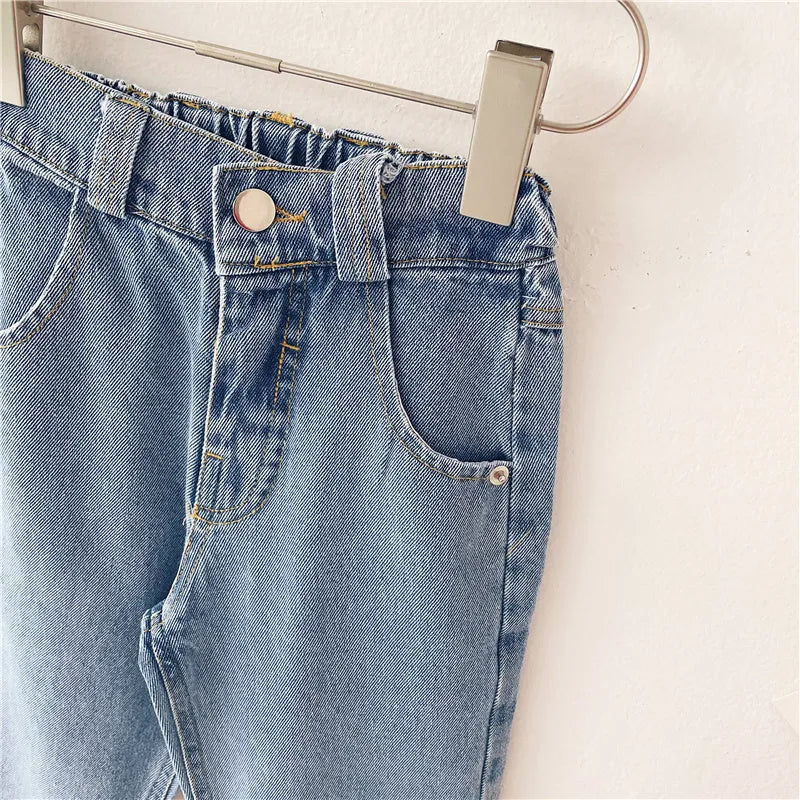 Light blue Korean-style denim children's trousers with elastic waistband for boys and girls