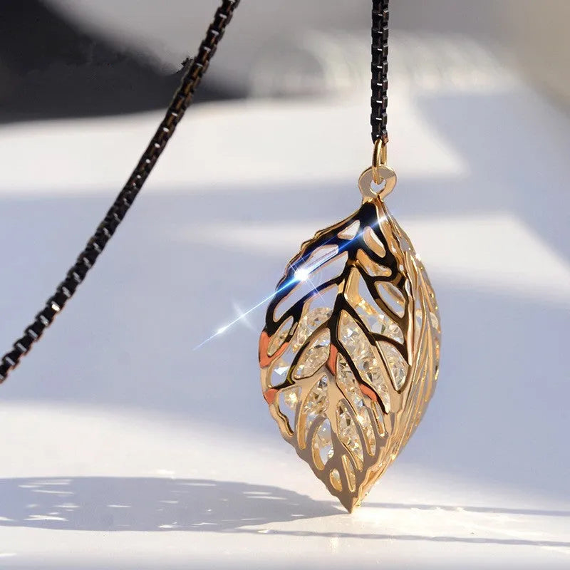 Leaf tassel long necklace black gold alloy crystal pendant snake bone chain women fashion jewellery