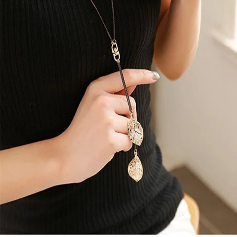 Leaf tassel long necklace black gold alloy crystal pendant snake bone chain women fashion jewellery