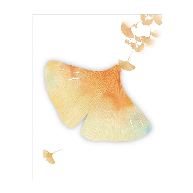 Pack of leaf-shaped sticky notes showing designs like ginkgo and maple leaves on a notebook.