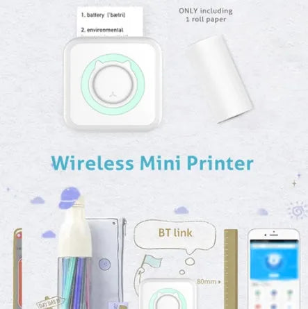 Pocket wrong question printer in blue with thermal paper roll and compact body