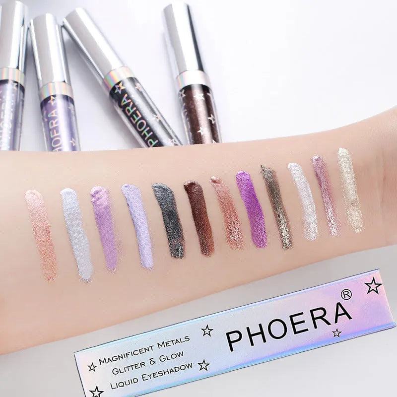 PHOERA Magnificent Metals Glitter and Glow Liquid Eyeshadow 21g bottle with holographic 3D metallic finish