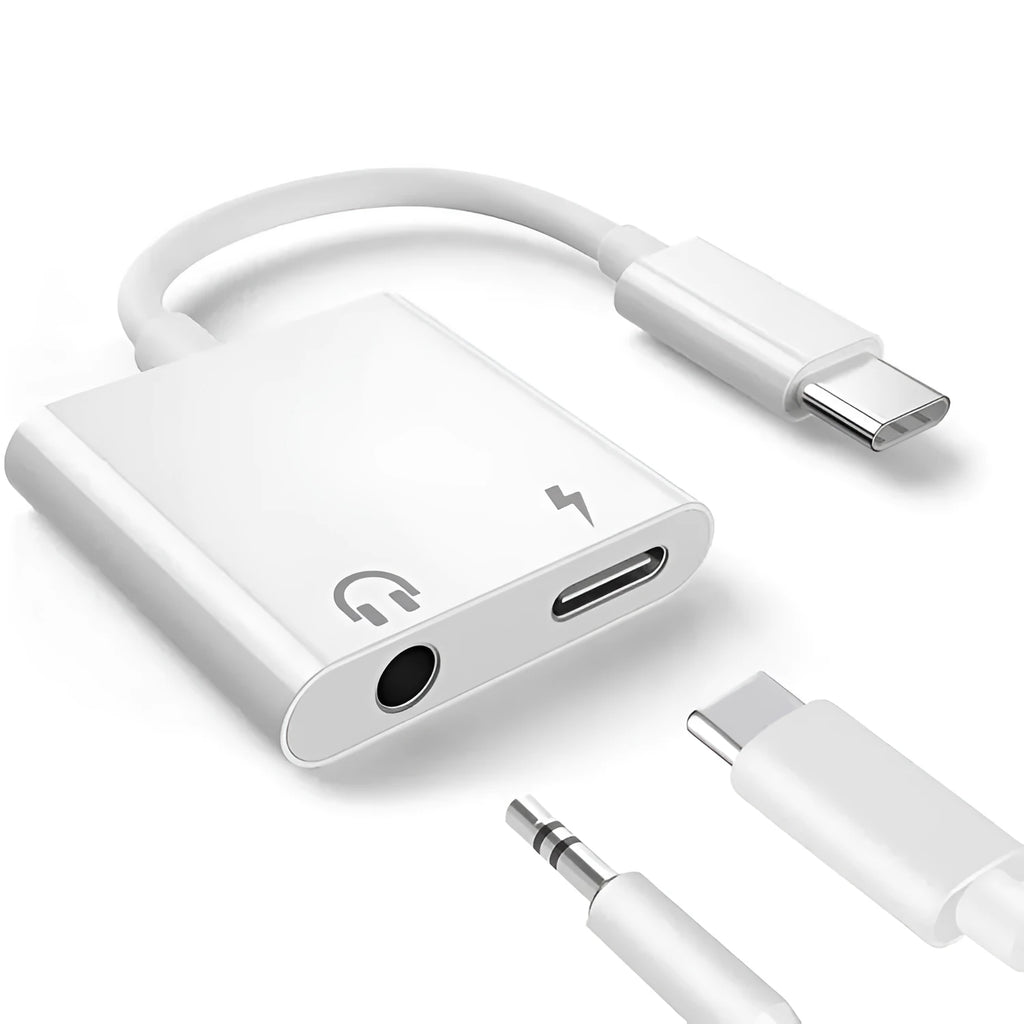 White Type C to 3.5mm audio adapter cable with DAC decoding, 9cm length
