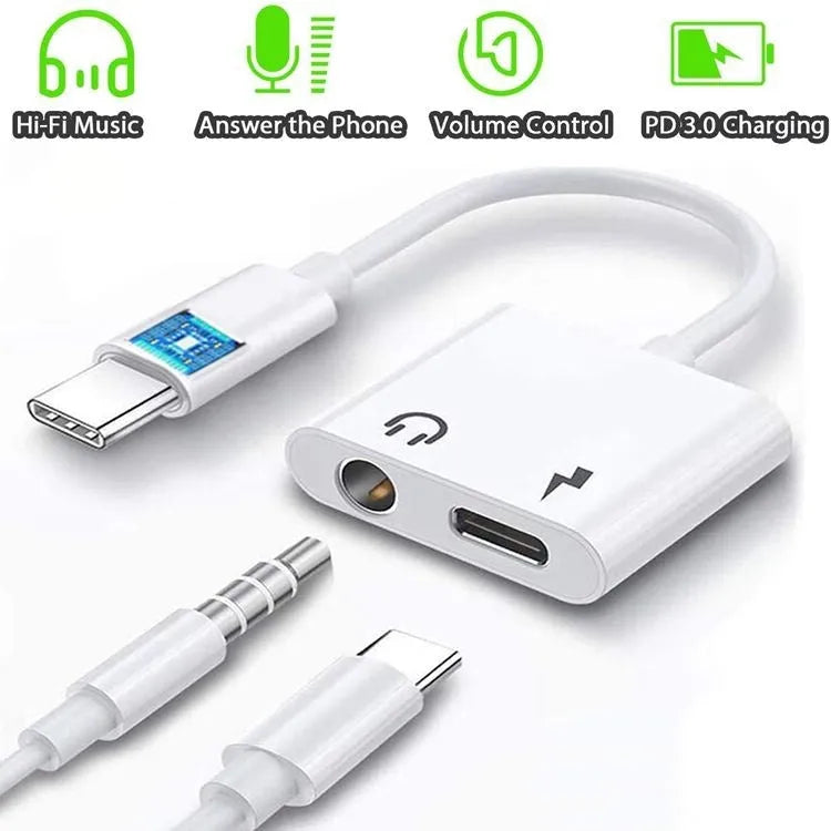 White Type C to 3.5mm audio adapter cable with DAC decoding, 9cm length