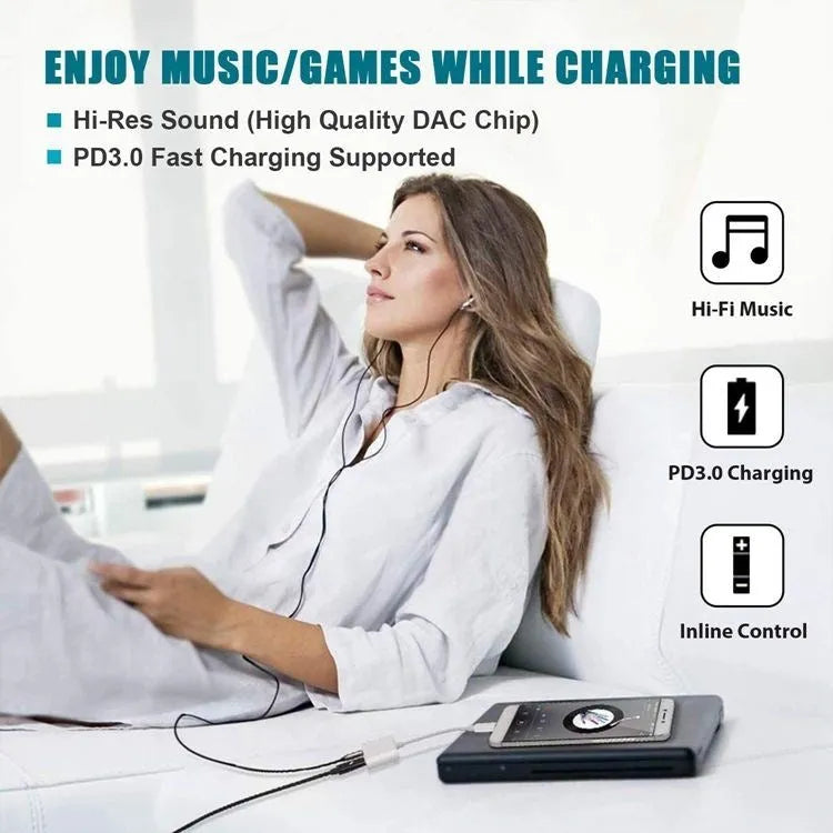 White Type C to 3.5mm audio adapter cable with DAC decoding, 9cm length